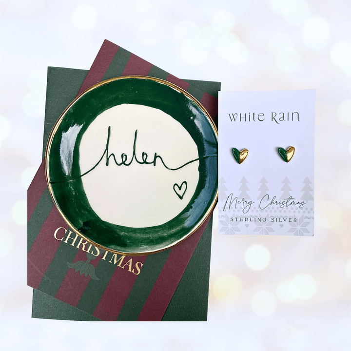 Personalised watercolour trinket dish and stud earrings on a Merry Christmas Card