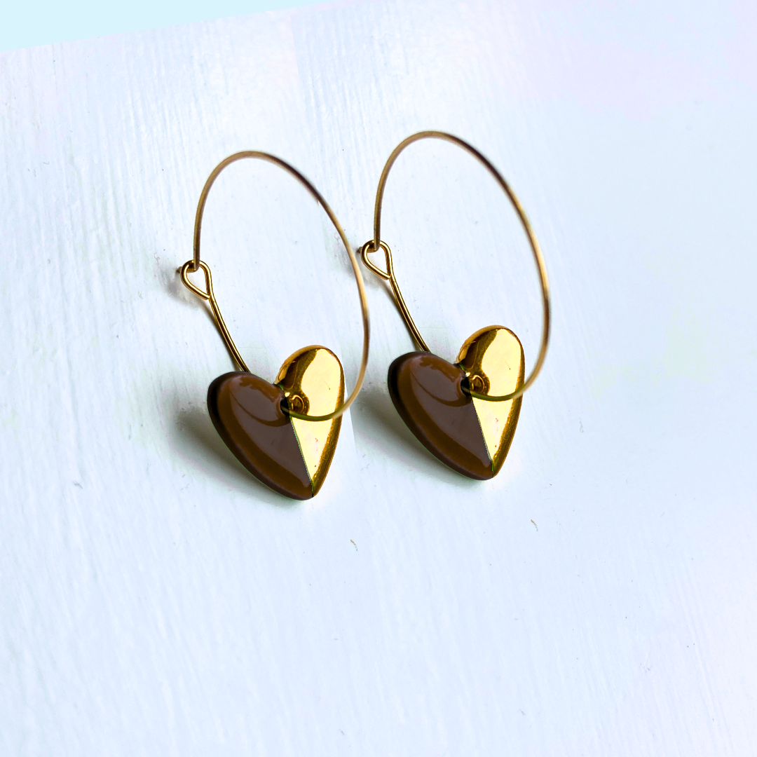 Hoop Earrings with Brown Heart Charms