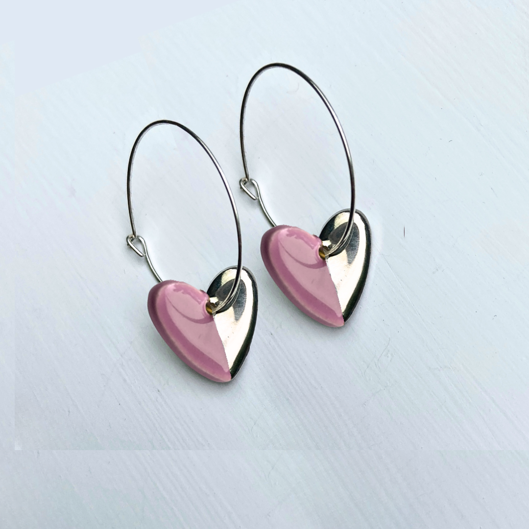 Hoop Earrings with Pink Heart Charms