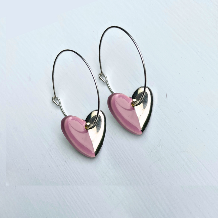 Hoop Earrings with Pink Heart Charms
