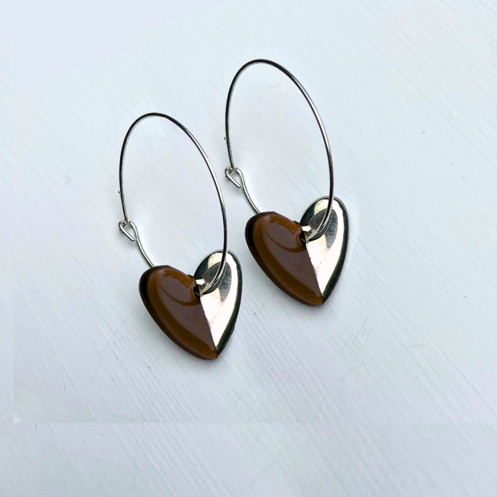 Hoop Earrings with Brown Heart Charms