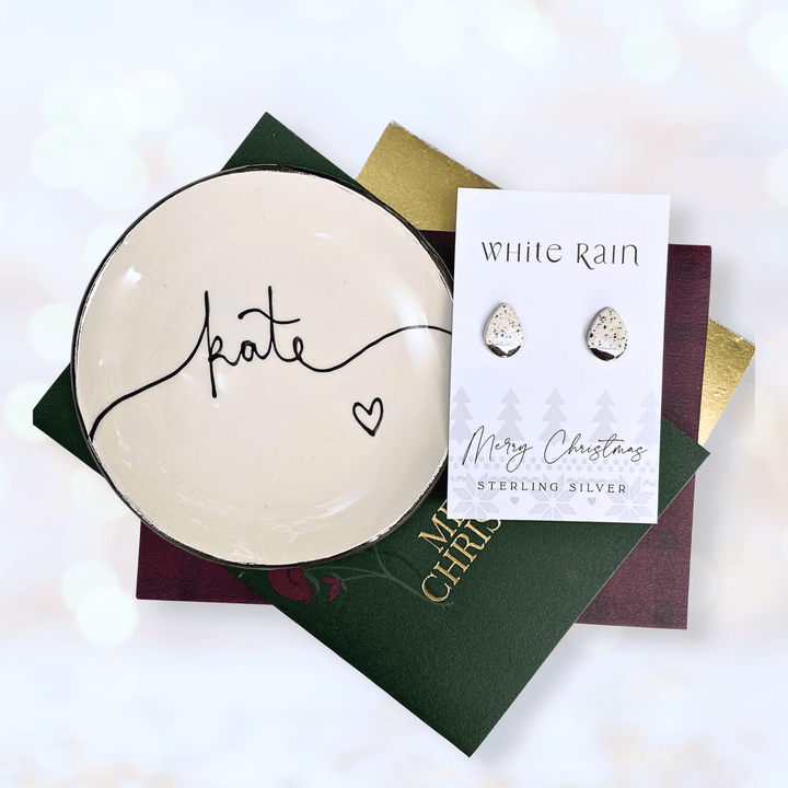 Personalised trinket dish and stud earrings on a Merry Christmas Card