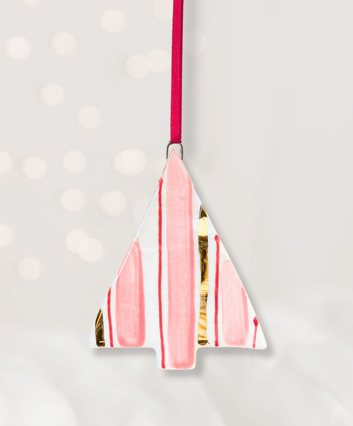 Set 4 Christmas Tree Ornaments with Pink and Gold Stripes