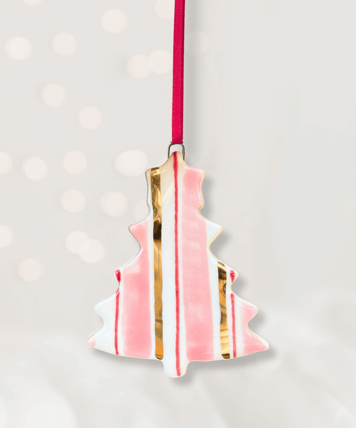 Set 4 Christmas Tree Ornaments with Pink and Gold Stripes