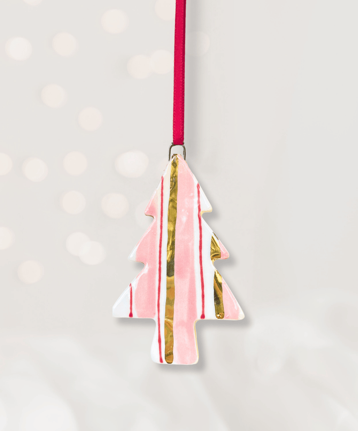 Set 4 Christmas Tree Ornaments with Pink and Gold Stripes