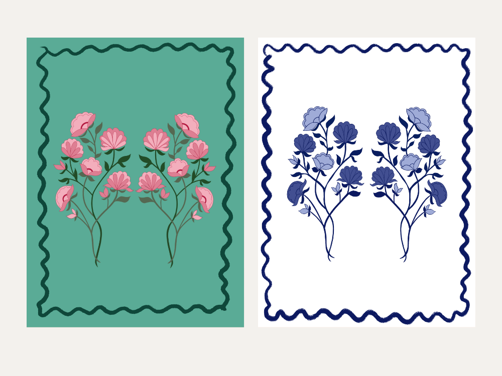 x 6 Greeting Card pack Flowers Blue and Turquoise wavy