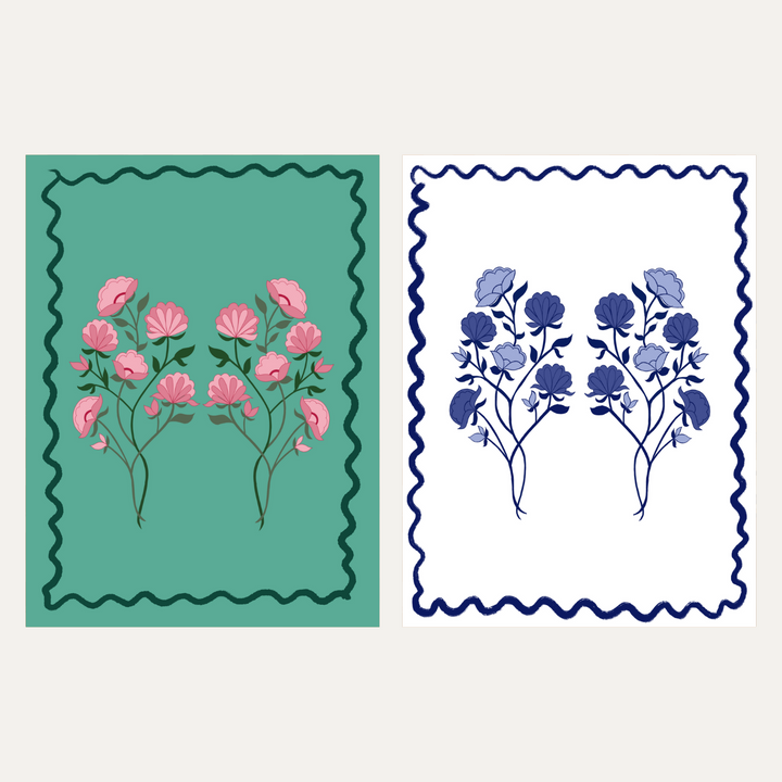 x 6 Greeting Card pack Flowers Blue and Turquoise wavy