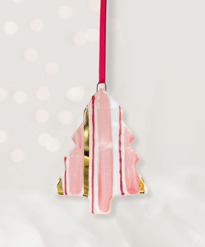 Set 4 Christmas Tree Ornaments with Pink and Gold Stripes
