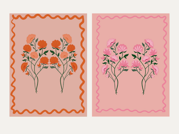 x 6 Greeting Card pack Flowers Pink and Orange Wavy