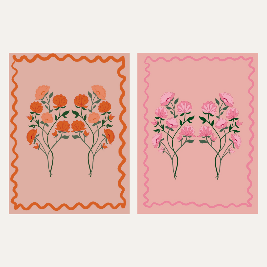 x 6 Greeting Card pack Flowers Pink and Orange Wavy