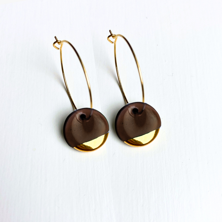 Hoop Earrings with Brown Circle Charms