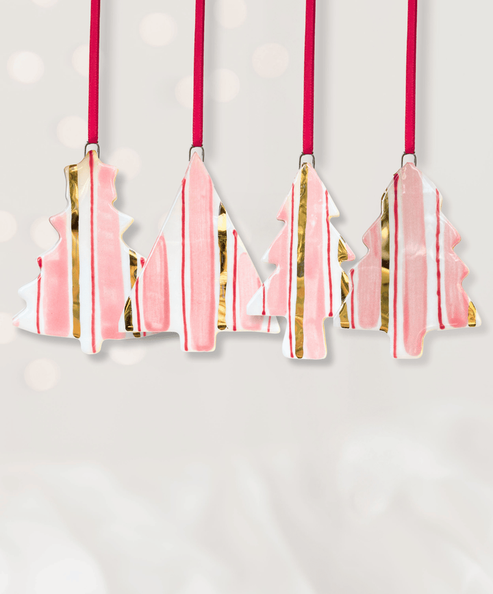 Set 4 Christmas Tree Ornaments with Pink and Gold Stripes