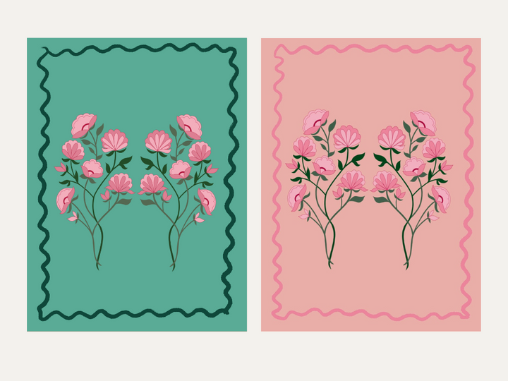 x 6 Greeting Card pack Flowers Pink and Turquoise wavy