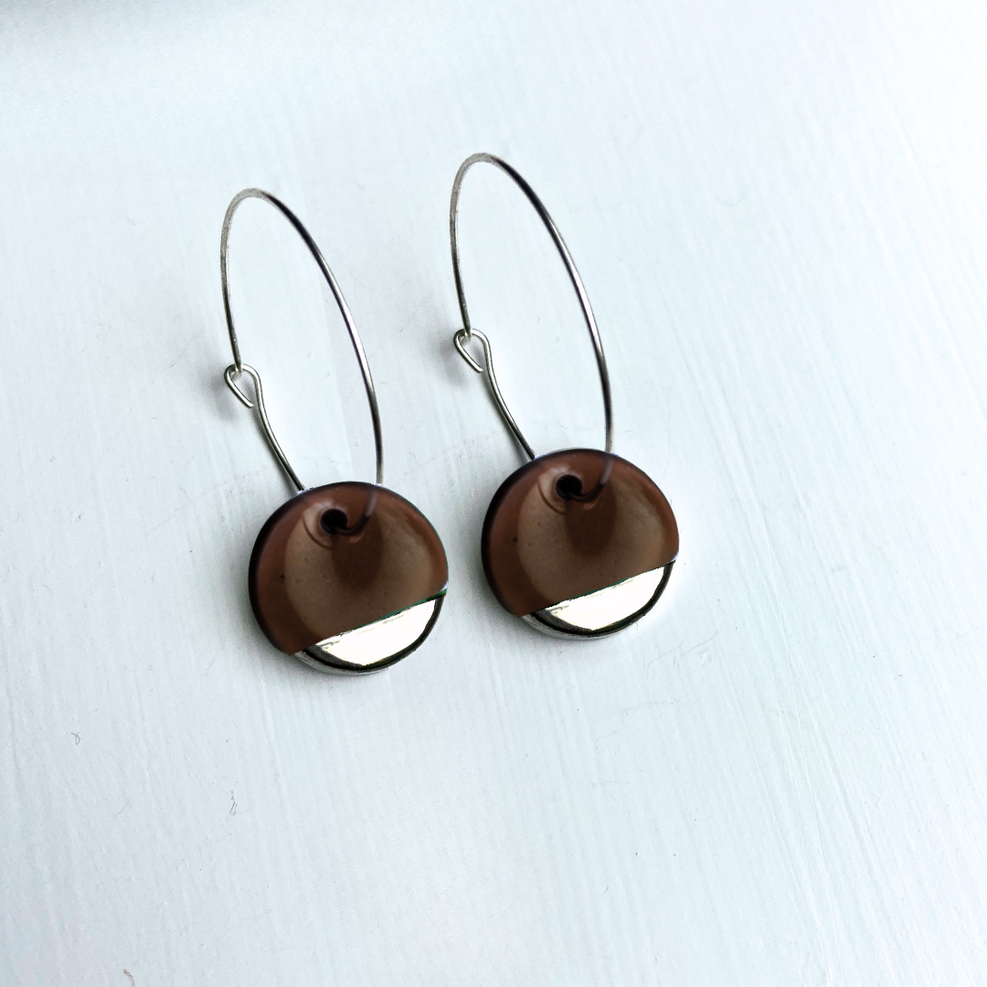 Hoop Earrings with Brown Circle Charms