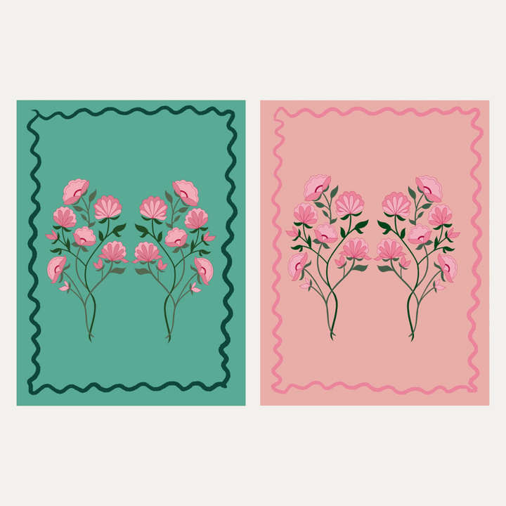 x 6 Greeting Card pack Flowers Pink and Turquoise wavy
