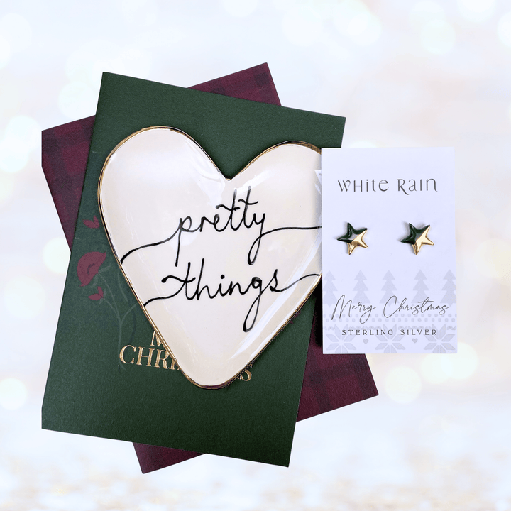 Pretty Things trinket dish and stud earrings on a Merry Christmas Card