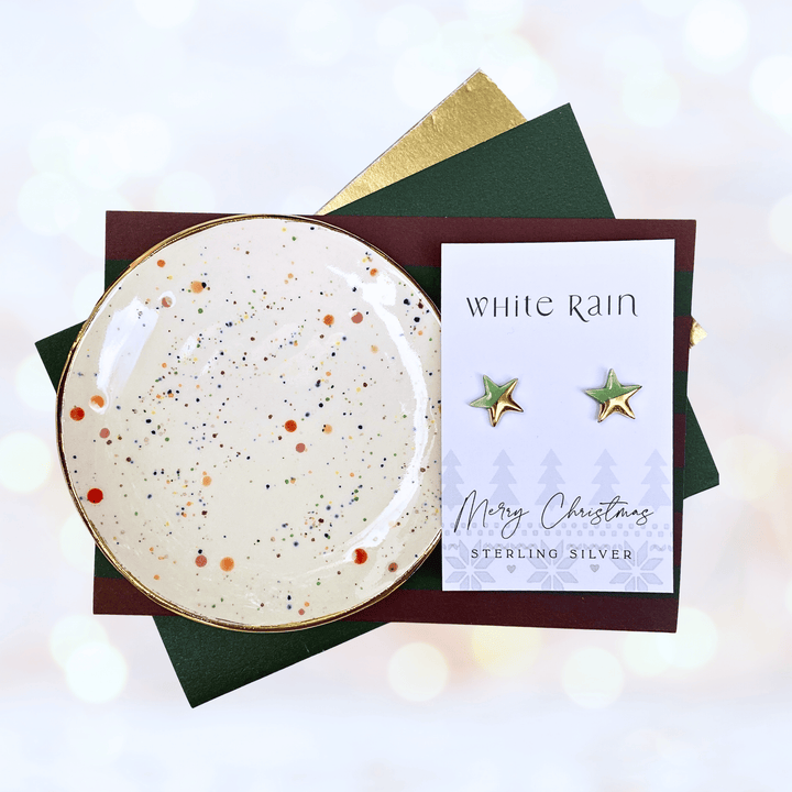 Colourful Spotty trinket dish and stud earrings on a Merry Christmas Card