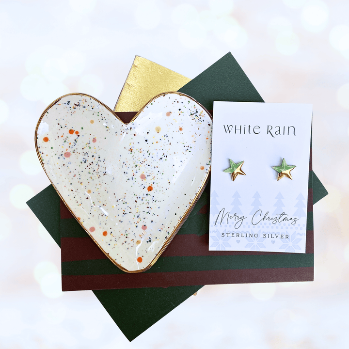 Colourful Spotty heart trinket dish and stud earrings on a Merry Christmas Card