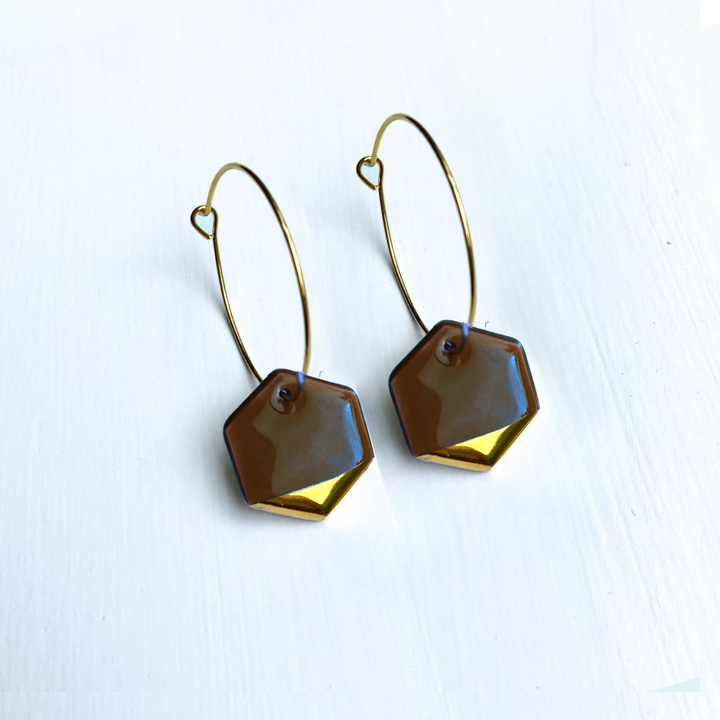Hoop Earrings with Brown Hexagon Charms