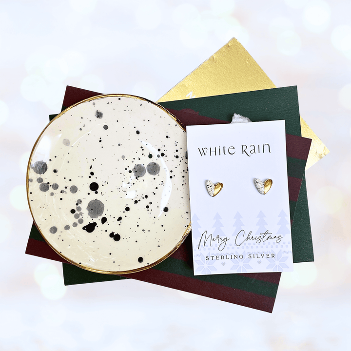Spotty trinket dish and stud earrings on a Merry Christmas Card