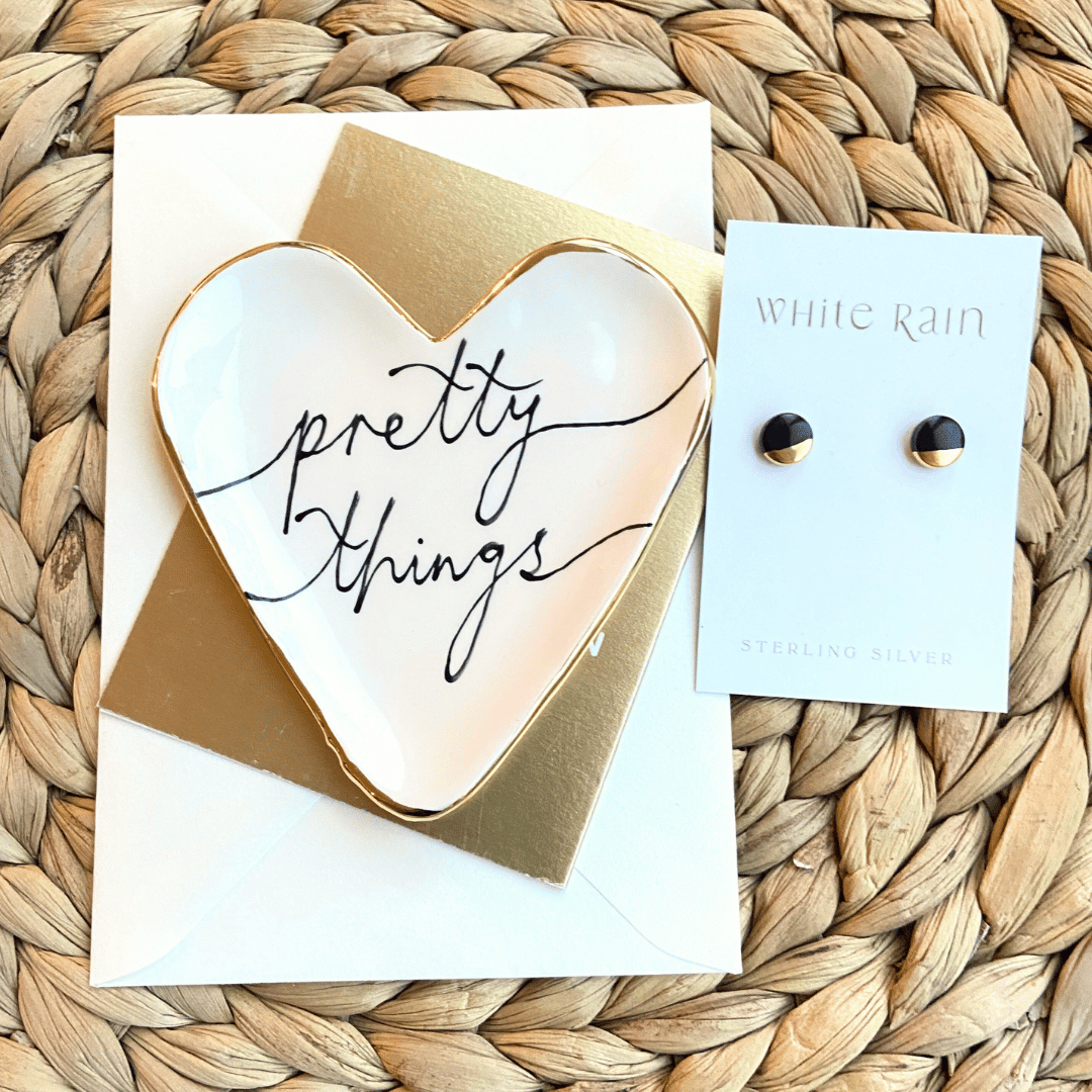Pretty Things trinket dish and stud earrings on a Merry Christmas Card