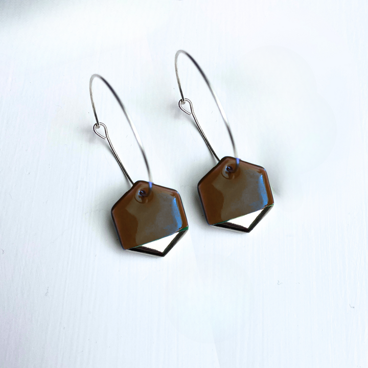 Hoop Earrings with Brown Hexagon Charms