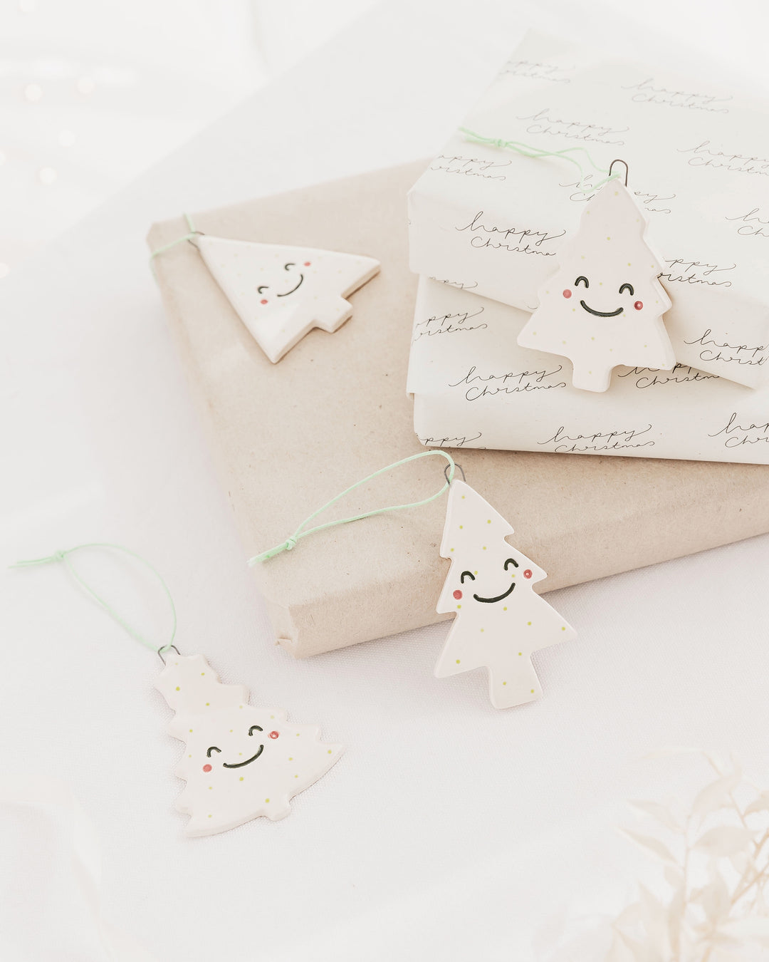 Set 4 Christmas Tree Ornaments with cute smiley faces