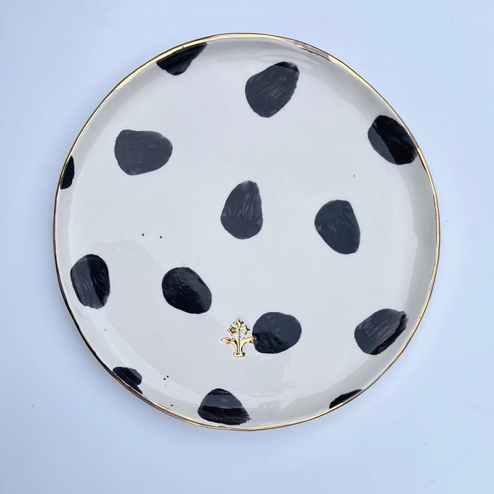 Personalised Large Serving Plate with Black Spots and Gold Flower Motif Stamp