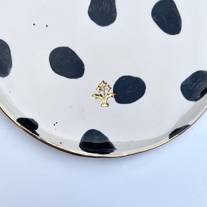 Personalised Large Serving Plate with Black Spots and Gold Flower Motif Stamp