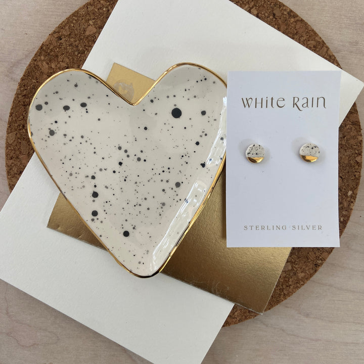 Spotty heart trinket dish and stud earrings on a Merry Christmas Card