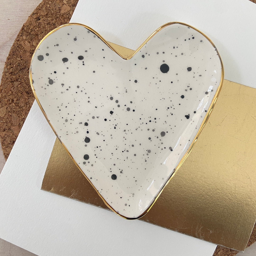 Spotty heart trinket dish and stud earrings on a Merry Christmas Card