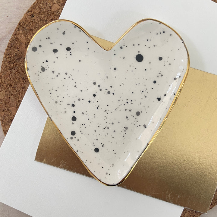 Spotty heart trinket dish and stud earrings on a Merry Christmas Card