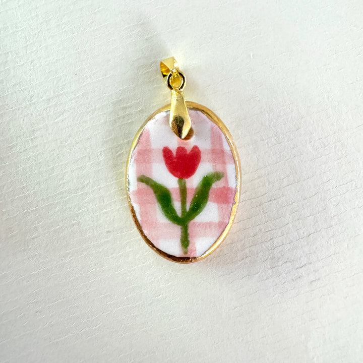 Tulip with Pink Check Pendant  V2 (Oval)