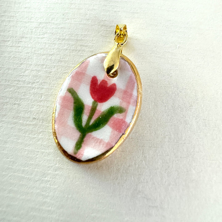 Tulip with Pink Check Pendant  V2 (Oval)