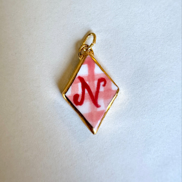 Personalised Initial Pendant with Pink Check - Diamond