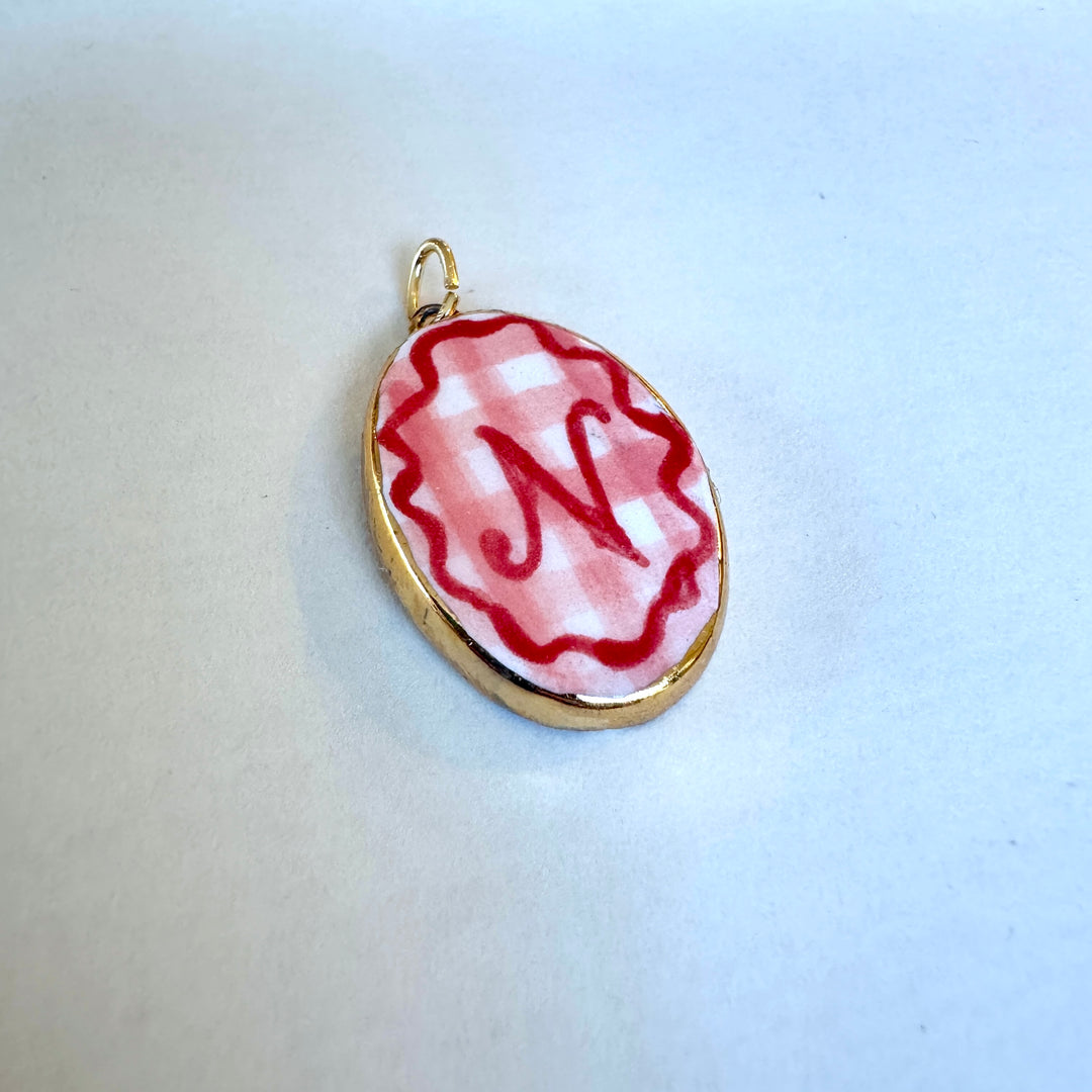 Personalised Initial Pendant with Pink Check - Oval