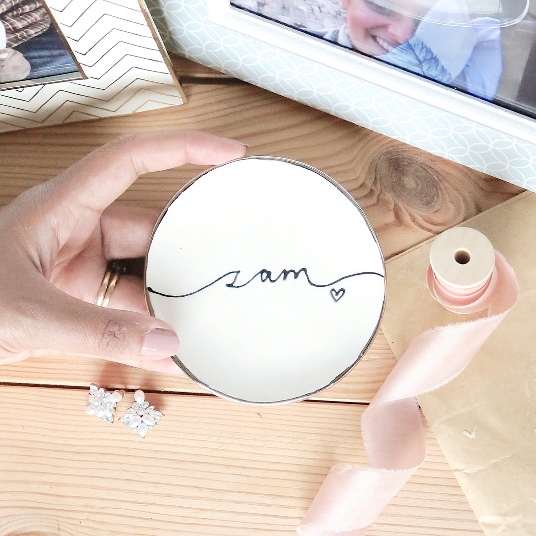 Personalised trinket dish and stud earrings on a Merry Christmas Card