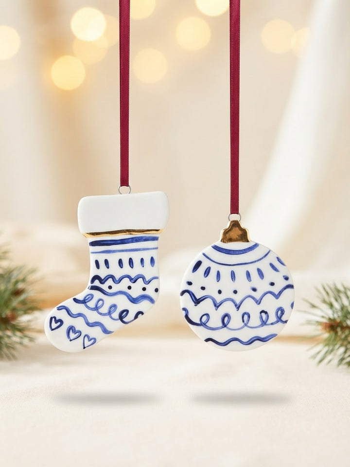 Set of 2 Ornaments with blue pattern