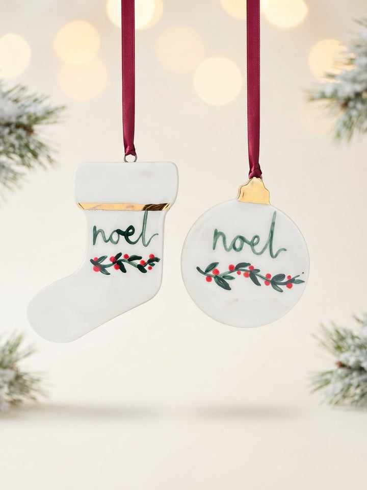 Set of 2 Ornaments with noel and Christmas foliage