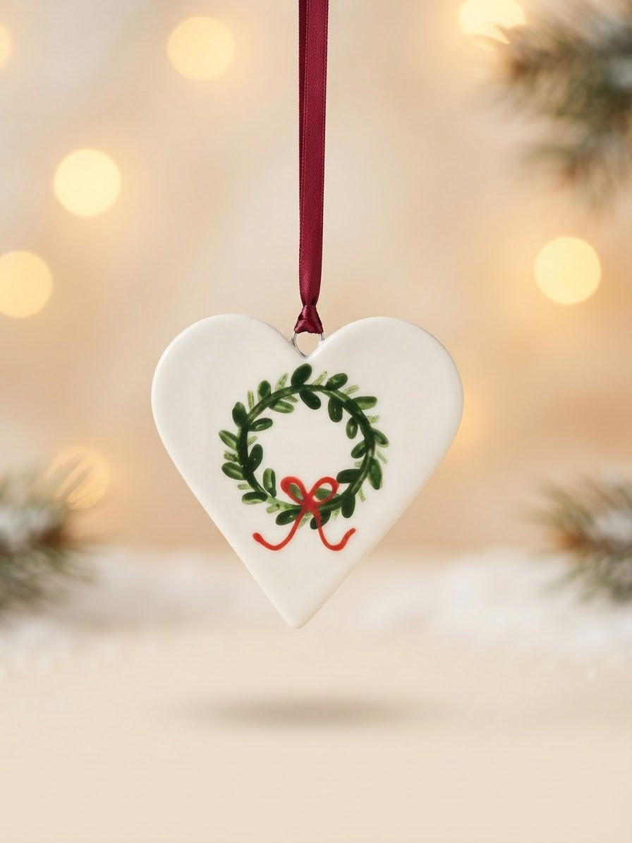 Heart Ceramic Ornament with Christmas Wreath