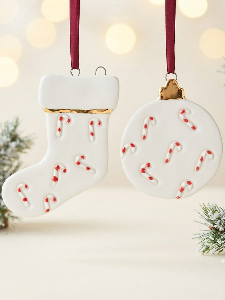 Set of 2 Ornaments with Candy Cane  pattern