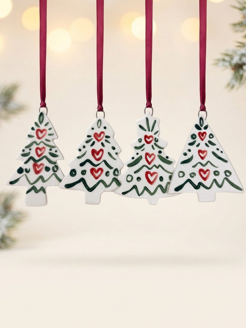 Set 4 Christmas Tree Ornaments with dark green pattern
