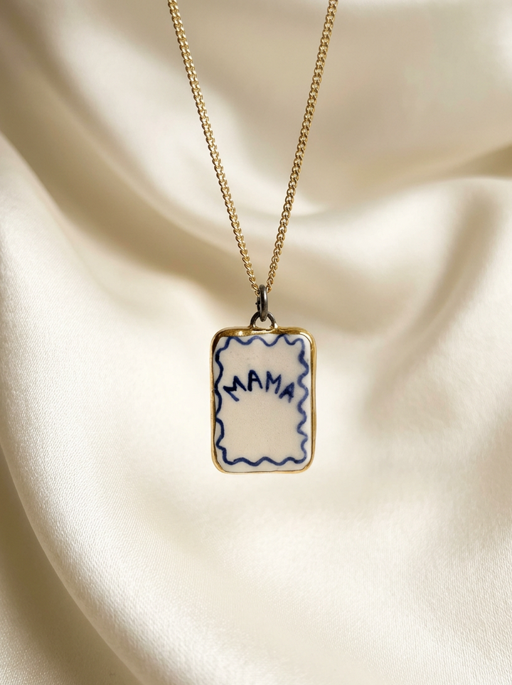 Blue Wavy Mama Border Rectangle Pendant