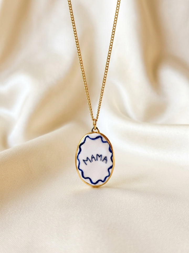 Blue Wavy Mama Border Oval Pendant