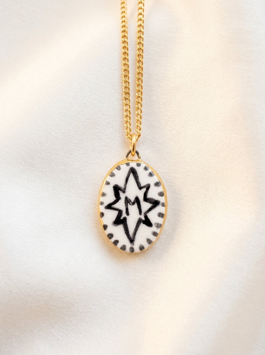 Personalised Initial Pendant with Star and Border - Oval