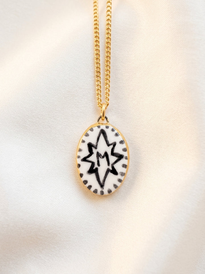 Personalised Initial Pendant with Star and Border - Oval