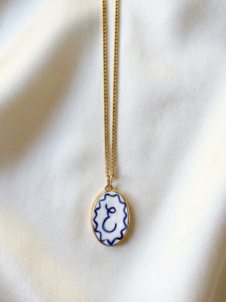 Personalised Initial Pendant with Wave Border - Oval