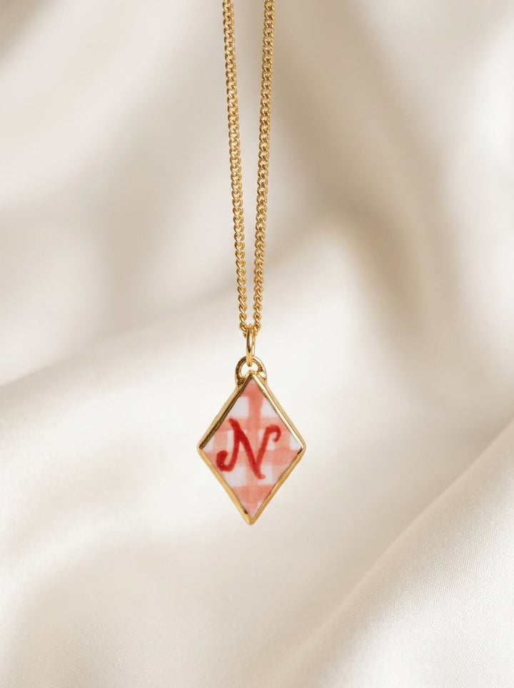 Personalised Initial Pendant with Pink Check - Diamond