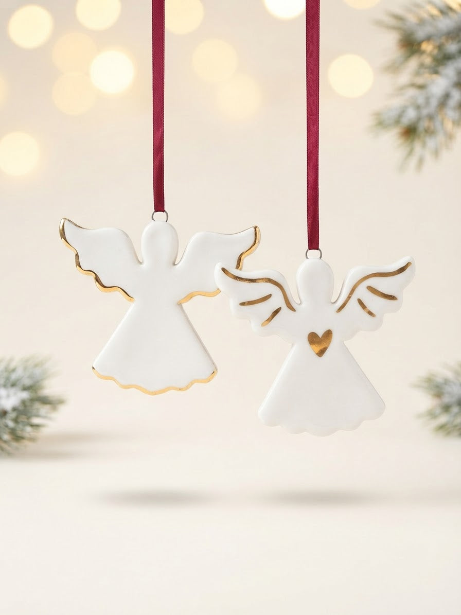 Set of 2 Angel Ornaments with Gold Design