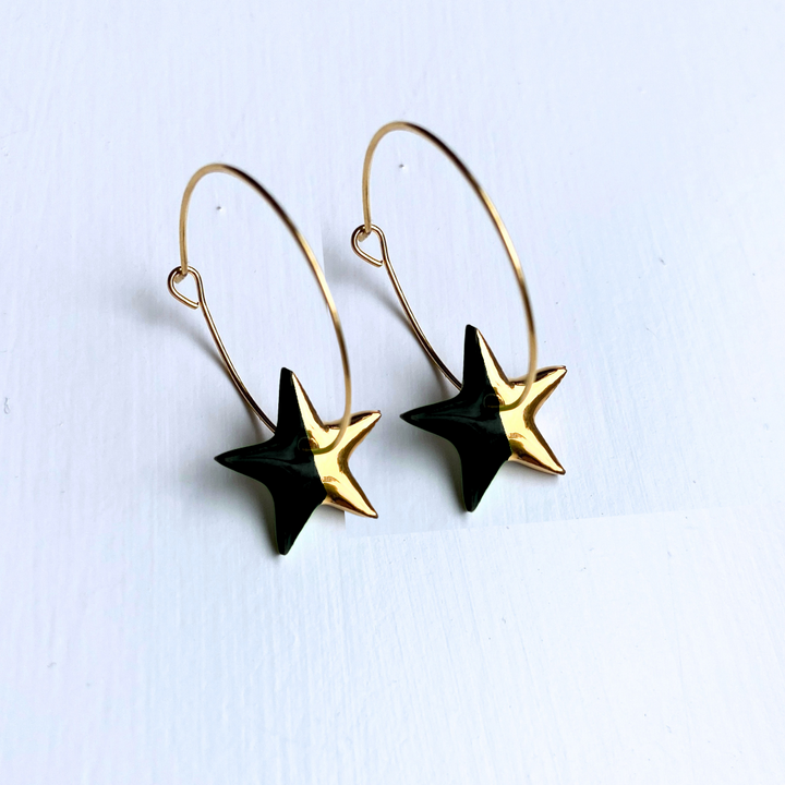 Hoop Earrings with Black Star Charms